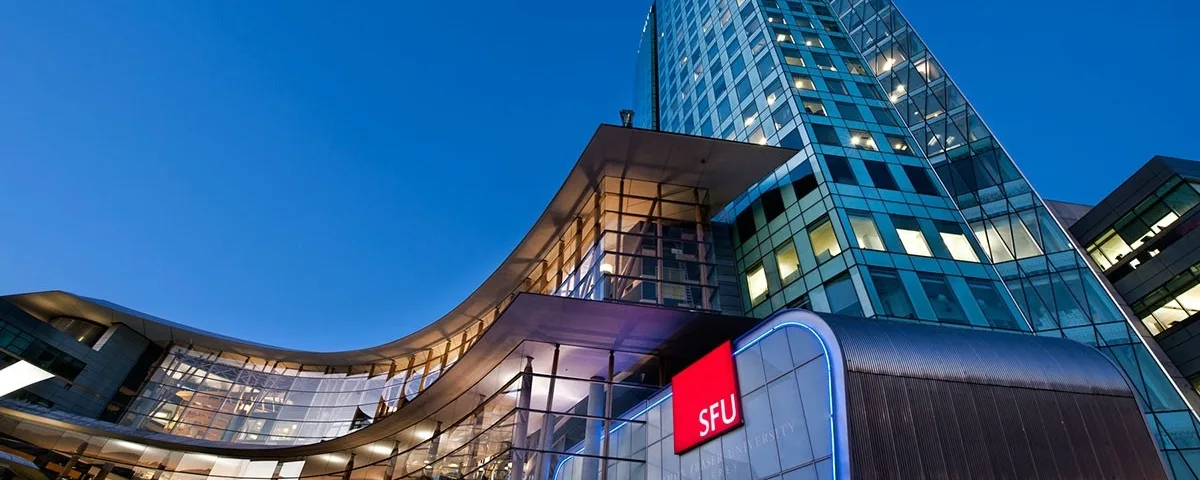 Simon Fraser University building at dusk